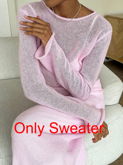 Spring Autumn O-neck Elastic Knit Long Dresses Soft Lady Hollowing Sweater Dresses Femme New
