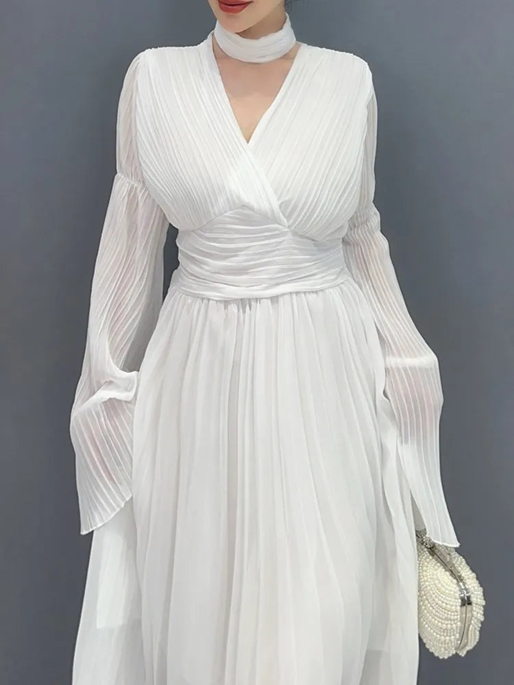 Autumn Flare Sleeve V-neck Midi Dresses for Pleated A-line Party Dress Korean One Piece Vestidos New