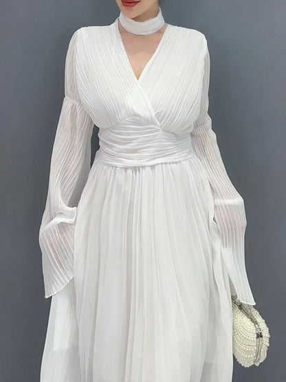 Autumn Flare Sleeve V-neck Midi Dresses for Pleated A-line Party Dress Korean One Piece Vestidos New
