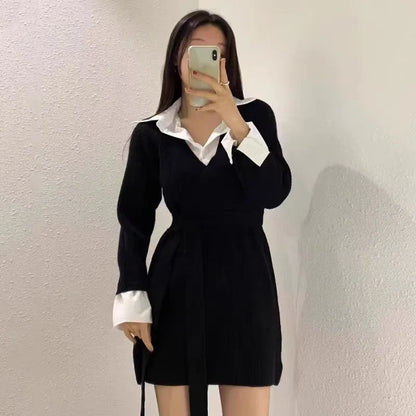 Korean Mini Dresses Turn-down Collar Long Sleeve Shirt Patchwork Autumn Winter Knitted Dress Vestidos