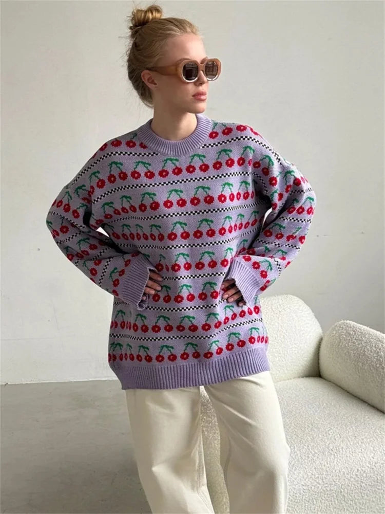 Printed Knit Sweater Pullover for Loose Patchwork Contrast Long Sleeve Top Knitwear ’s Pullover