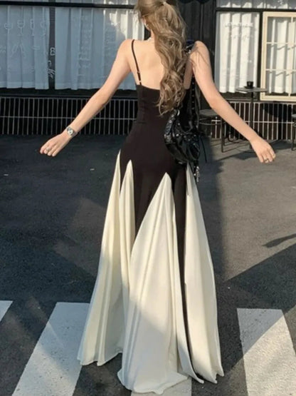 Black White Contrast Pleated Sling Long Dress Summer Backless Maxi Dresses Lady Evening Party Vestidos