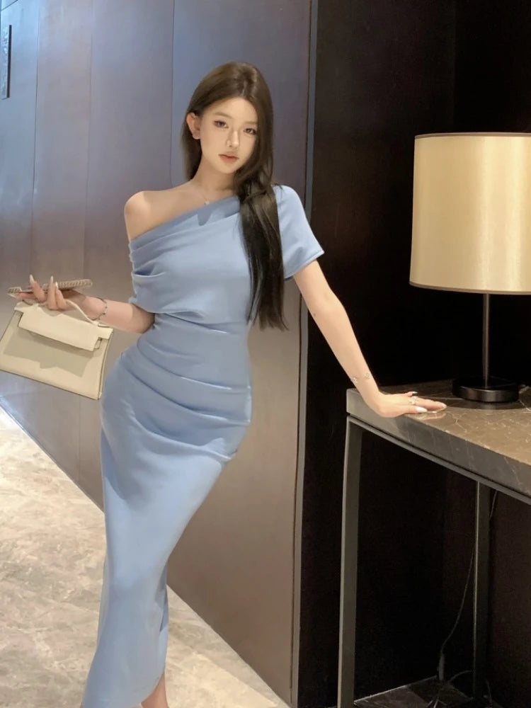 Skew Collar Long Dresses Spring Summer Vestidos Mujer Korean Bodycon Dress