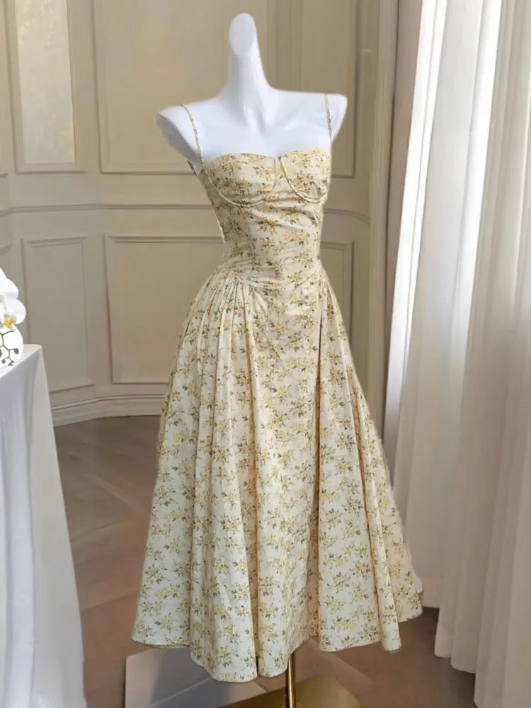 Corset Style Aline Midi Dresses France Spaghetti Straps Evening Party Vestidos Summer Vacation Flower Print Robe