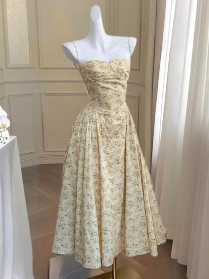 Corset Style Aline Midi Dresses France Spaghetti Straps Evening Party Vestidos Summer Vacation Flower Print Robe