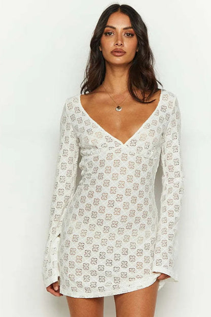 White Printed Low-cut Back Mini Dress