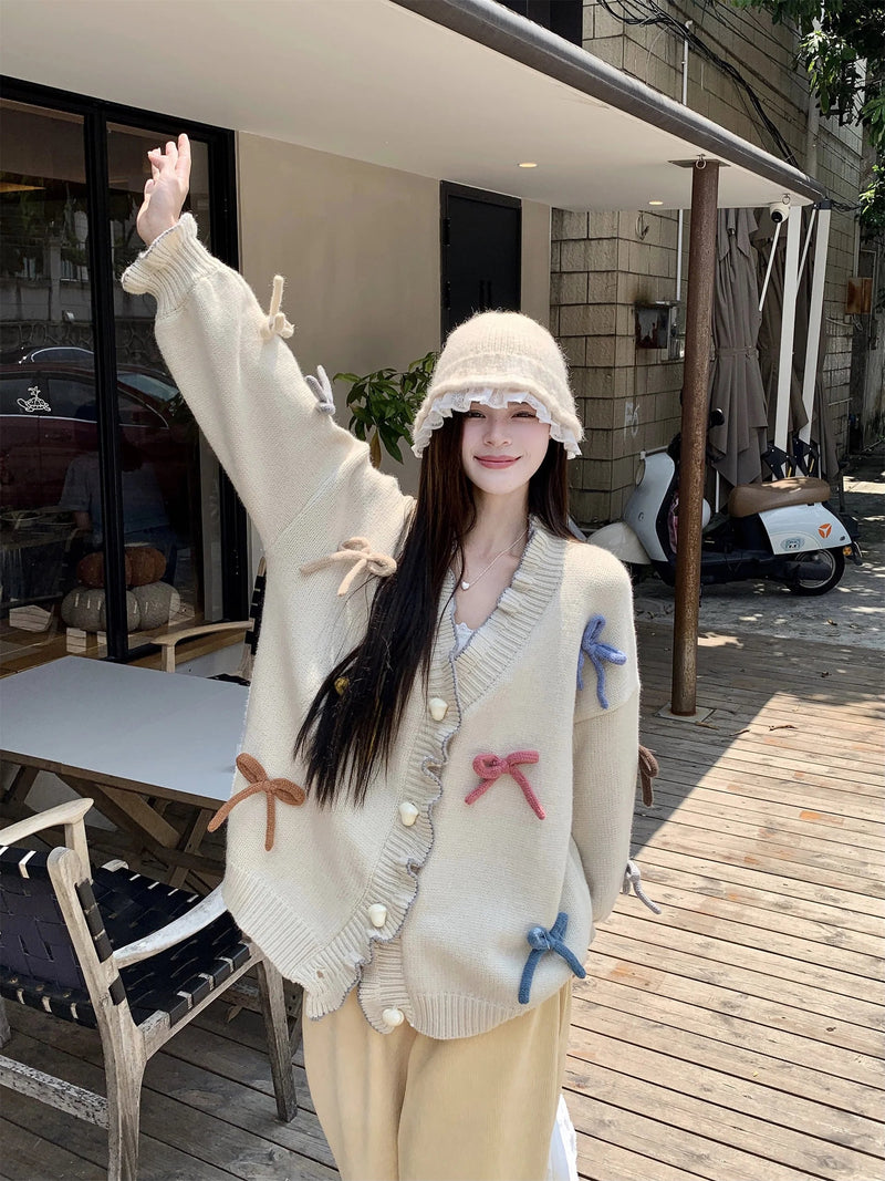 Korean Gentle and Sweet 3d Bow Love Buckle Thick Sweater Clothing Autumn Loose Knitted Cardigan Tops