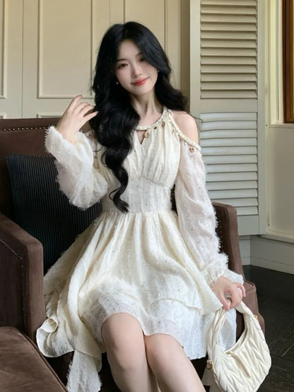 Irregular Ruffles Shell Decoration Mini Dress Autumn Winter Long Sleeve Off Shoulder Fairy Evening Sequin Vestidos
