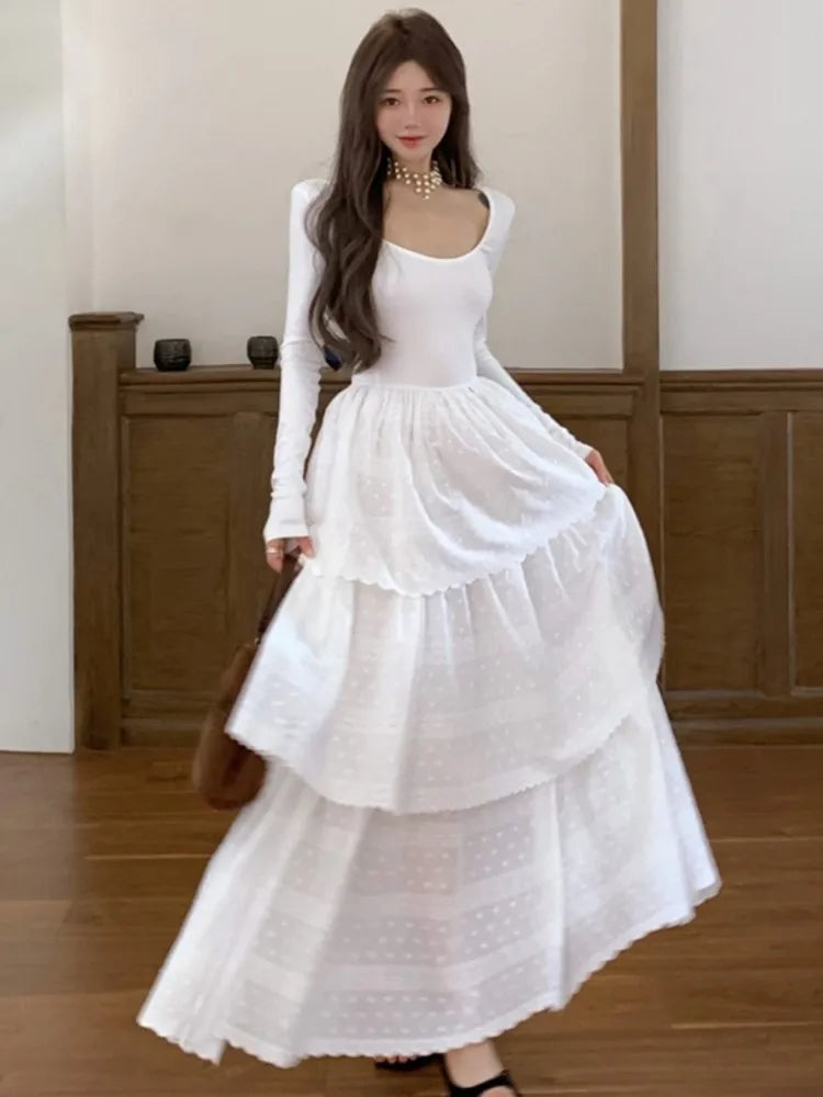 Autumn Cake Long Dress for Long Sleeve Oneck Aline Party Dresses One Piece Vestidos Robe