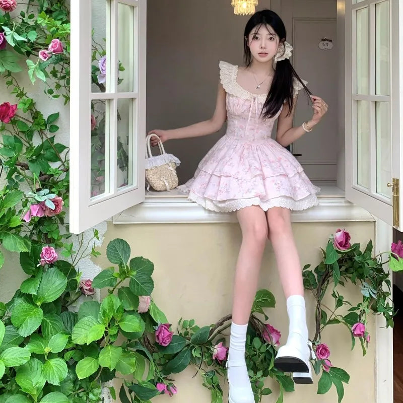 Flying Sleeve Sweet Mini Dresses Square Neck Ruffles Spring Summer Dress Korean Vestidos Mujer