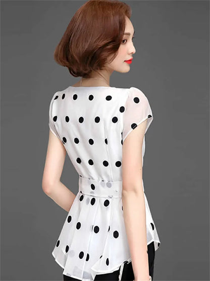 Summer Style Chiffon Blouses Shirts Lady Short Sleeve O-neck Polka Dot Printed Blusas Tops Df2824