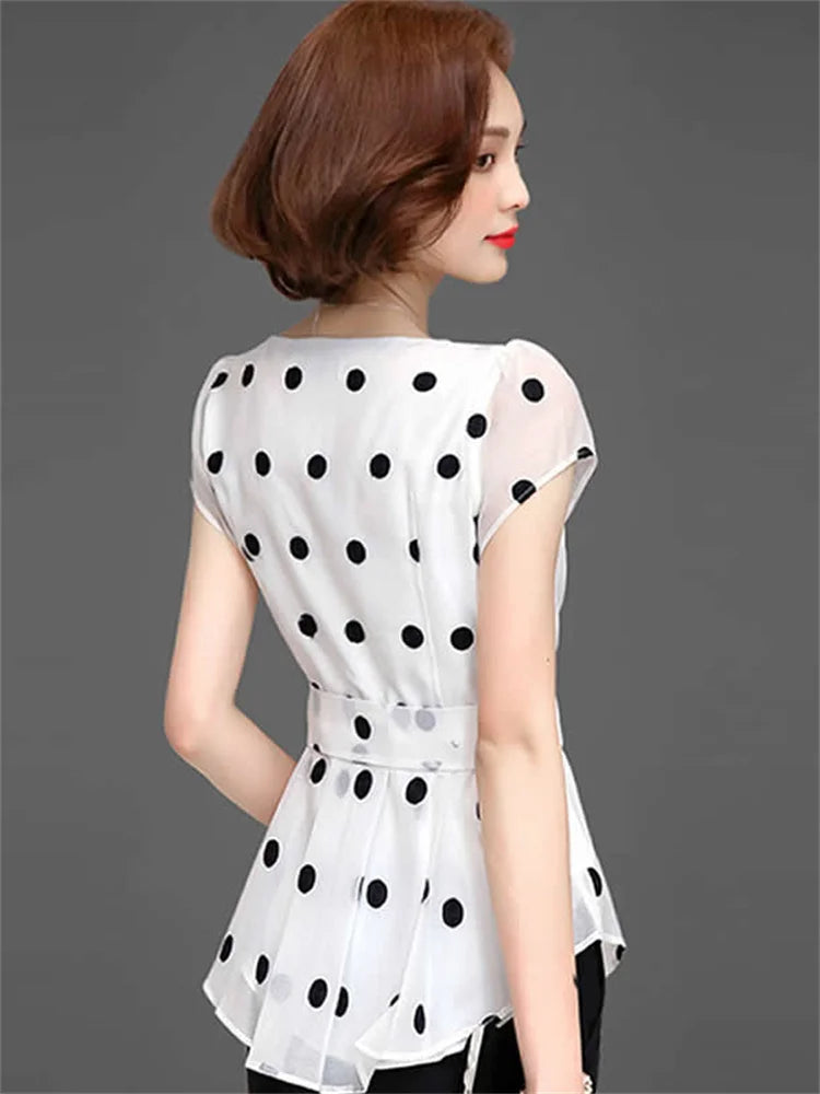 Summer Style Chiffon Blouses Shirts Lady Short Sleeve O-neck Polka Dot Printed Blusas Tops Df2824