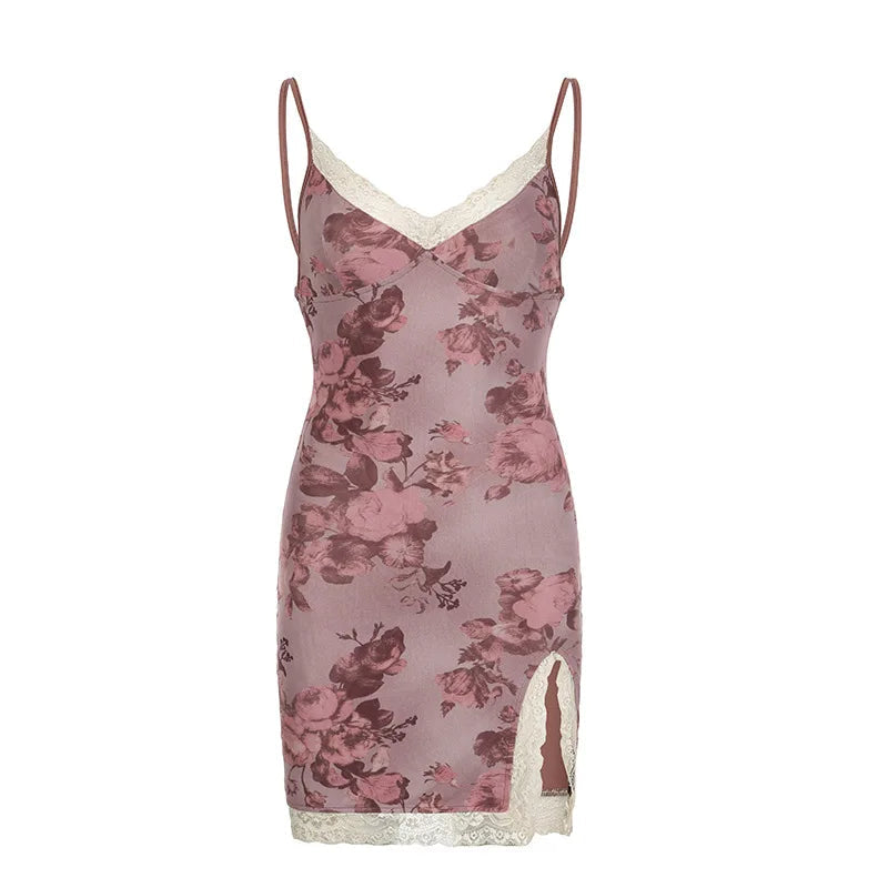 Printed Split Bodycon Dress Slim Lace Trim Vneck Sleeveless Mini Dresses for Summer