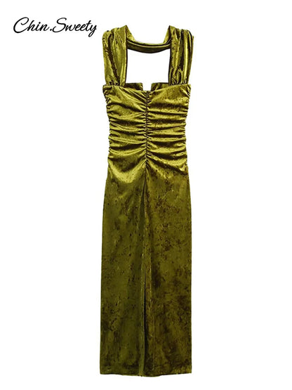 Halter Velvet Midi Dresses Backless Pleated Zipper Green Party Dress Female Spring Summer Lady Slim Fit Robes