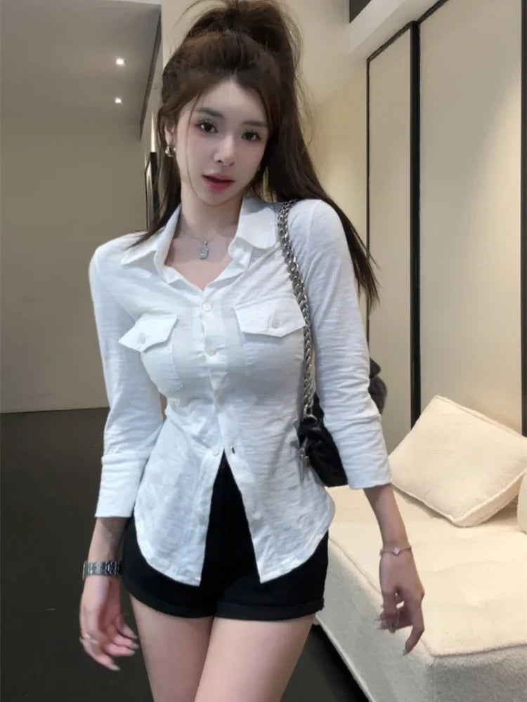 Navy Blue Three Quarter Shirt for Tops Button Up Slim White Blouse Female Autumn Black Clothes