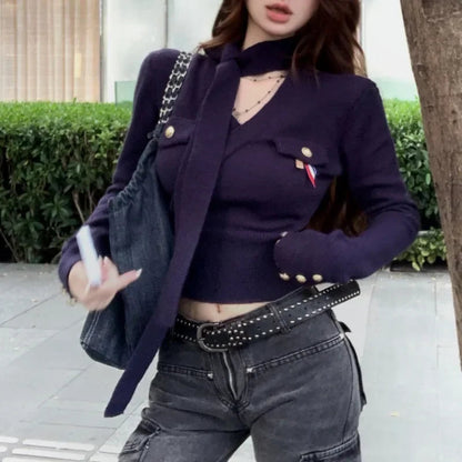 Vneck Button Color Long Sleeve Cardigan Autumn New Korean Laceup Slim Knitted Crop Tops