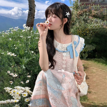 Sweet Oil Painting Style Dress for Summer New Atmosphere Bow Lace Round Neck Aline Party Long Dresses