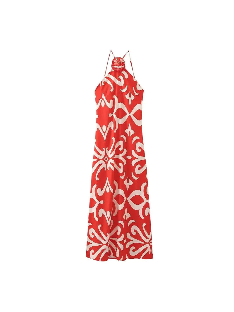 Applique Flower Halterneck Backless Maxi Dress