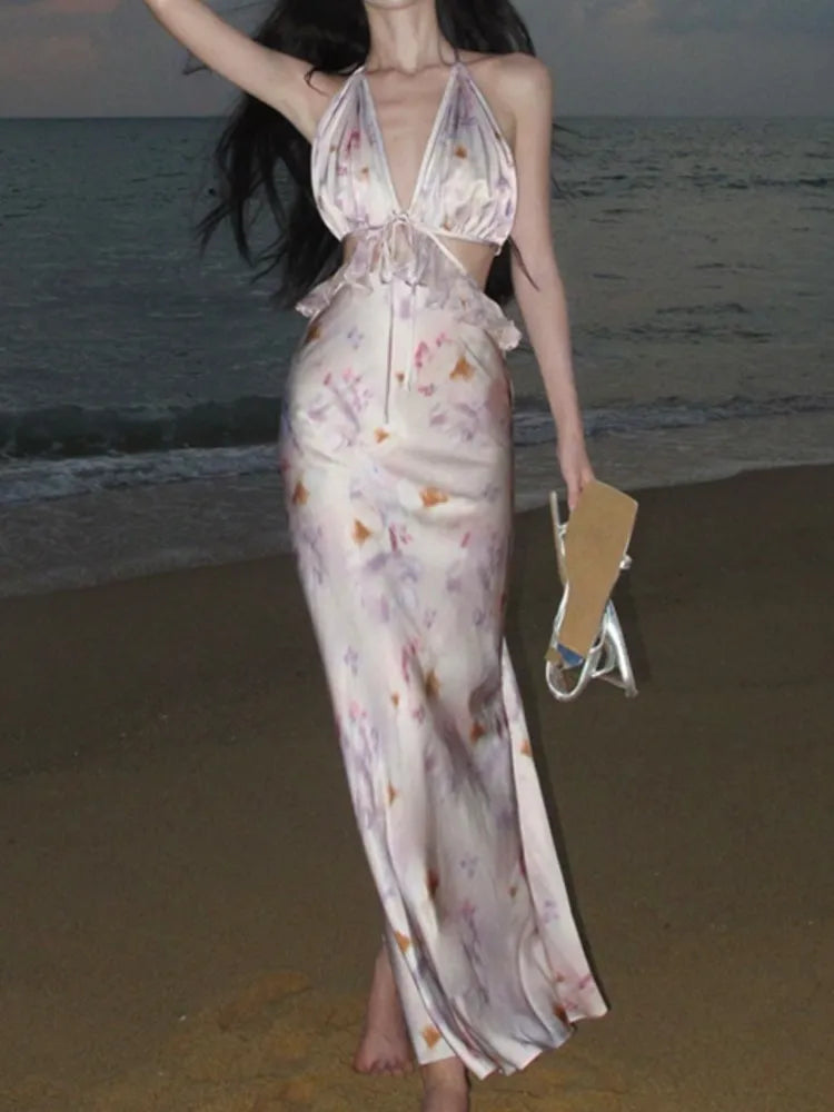 New New Print Midi Dress Sleeveless Halter Bodycon Slim Beach Holiday Vestidos Female Backless Clothes
