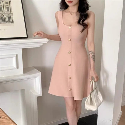 Knitted Aline Dresses Buttons Sleeveless Spring Summer Mini Dress Korean Sweet Vestidos Mujer