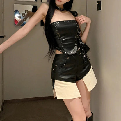 Summer New American Offshoulder Rivets Leather Camisole + High Waist Patchwork Shorts Twopiece Suit