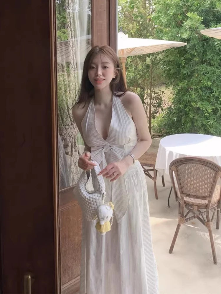 French Vacation Style Hanging Neck Striped Vest Dress Summer New Design Butterfly Bow Long Dresses