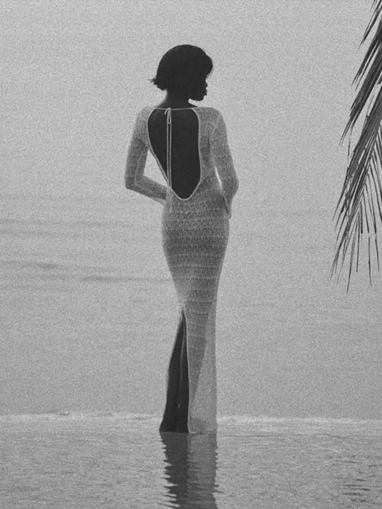 Hollow Out Knitted Long Dress Backless Long Sleeve Slim Maxi Dresses Female Party Beach Holiday
