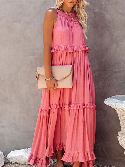 Summer Vacation Style Halter Neck Long Dresses Backless Leace-up Loose Ruffles Beach Dress Vestidos