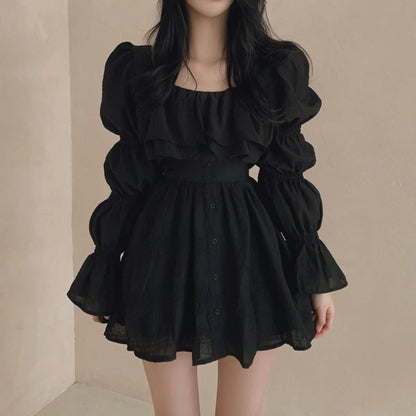 Dresses Puff Sleeve Ruffles Square Neck Spring Autumn Vestidos Mujer Korean Aline Mini Dress