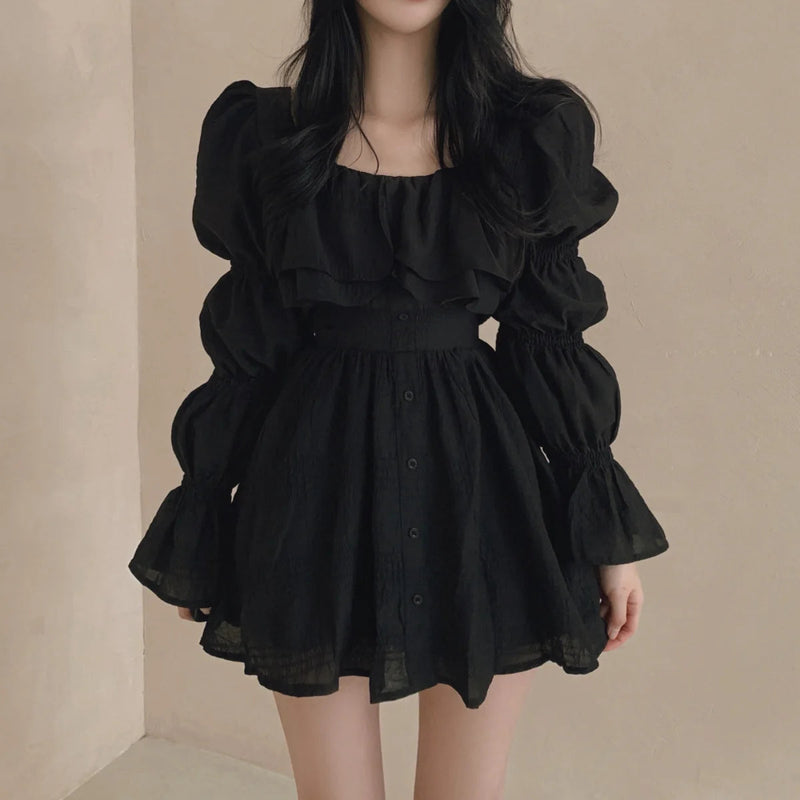 Dresses Puff Sleeve Ruffles Square Neck Spring Autumn Vestidos Mujer Korean Aline Mini Dress