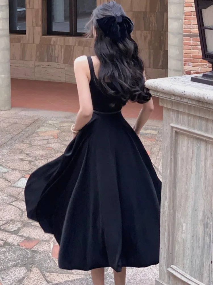 Satin Midi Dresses for Sleeveless Aline Summer Evening Party Dress French Prom Robe Vestido Mujer