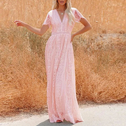 Jacquard Embroidery Lace Party Dress Spring Vneck High Waist Long Dress Summer Short Sleeve Loose Maxi Dress