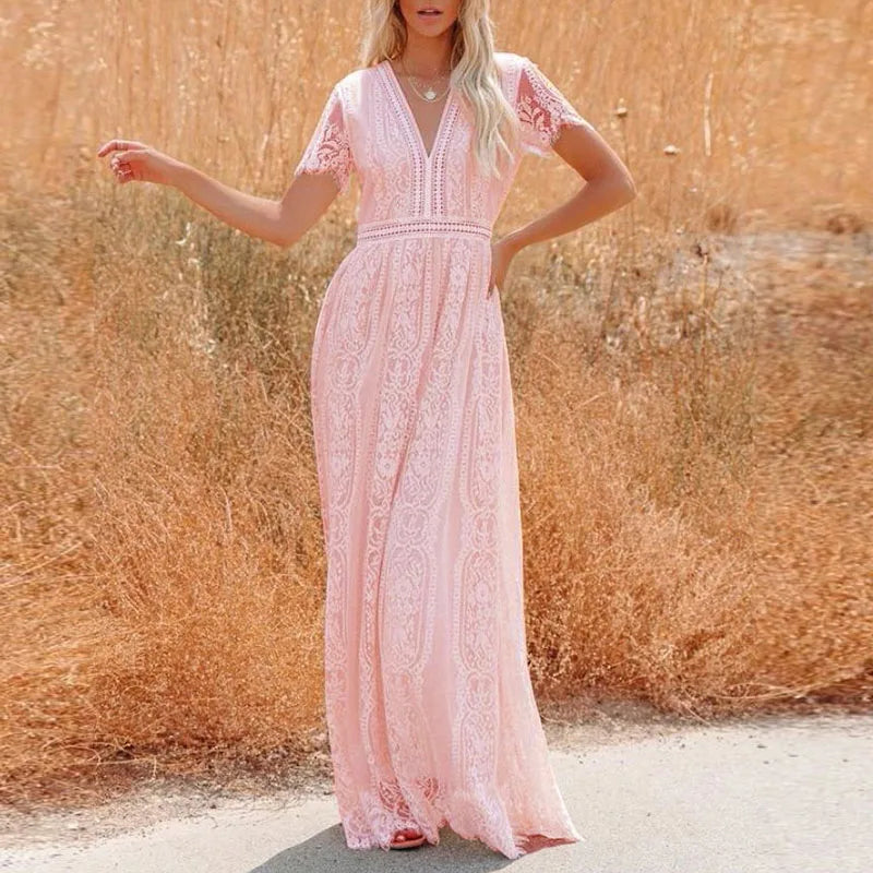 Jacquard Embroidery Lace Party Dress Spring Vneck High Waist Long Dress Summer Short Sleeve Loose Maxi Dress