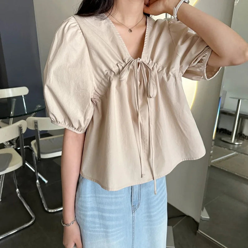 Spring Summer Puff Sleeve Vneck Blouses Short Sleeve Loose Laceup Shirts for