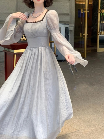 Autumn Princess Midi Dresses for Square Collar Flare Sleeve A-line Party Dress Slim Waist Korean One Piece Vestidos New
