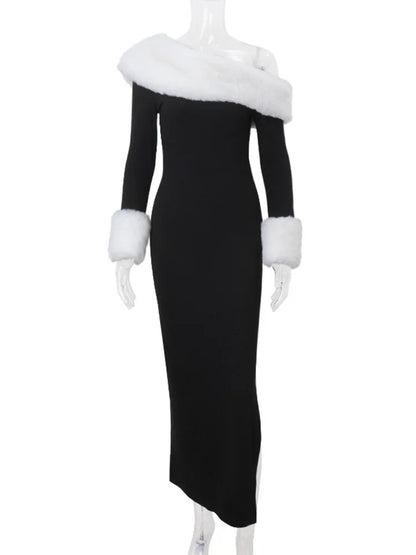 Plush Splice Slim Slit Long Sleeve Dress for Hot Girl Skew Collar Maxi Dress Winter New Party Outfits