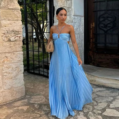 Pleated Blue Halter Maxi Dress