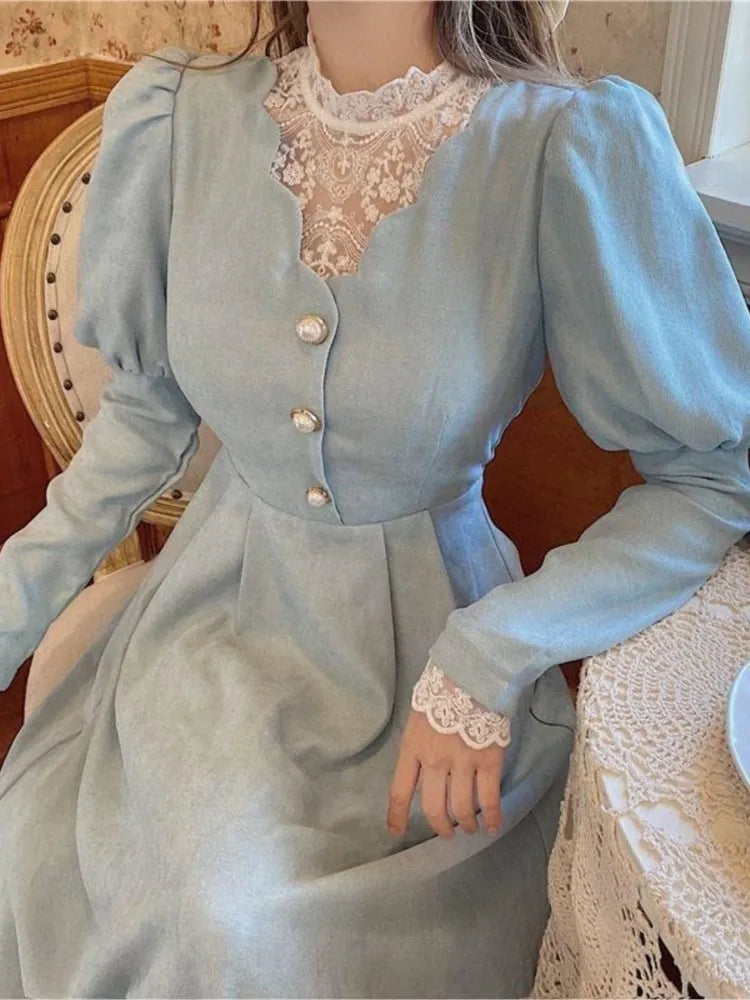 French Autumn Midi Dresses for Puff Sleeve Half High Collar Patchwork Lace Aline Retro Princess Dress Vestidos