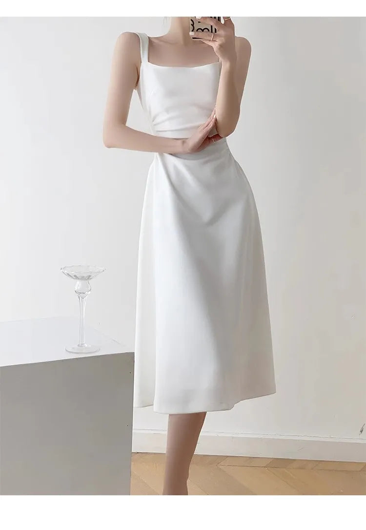 Summer Midi Dress Spaghetti Strap Square Collar High Waist Slim Evening Party Dresses Prom Robe Vestido New