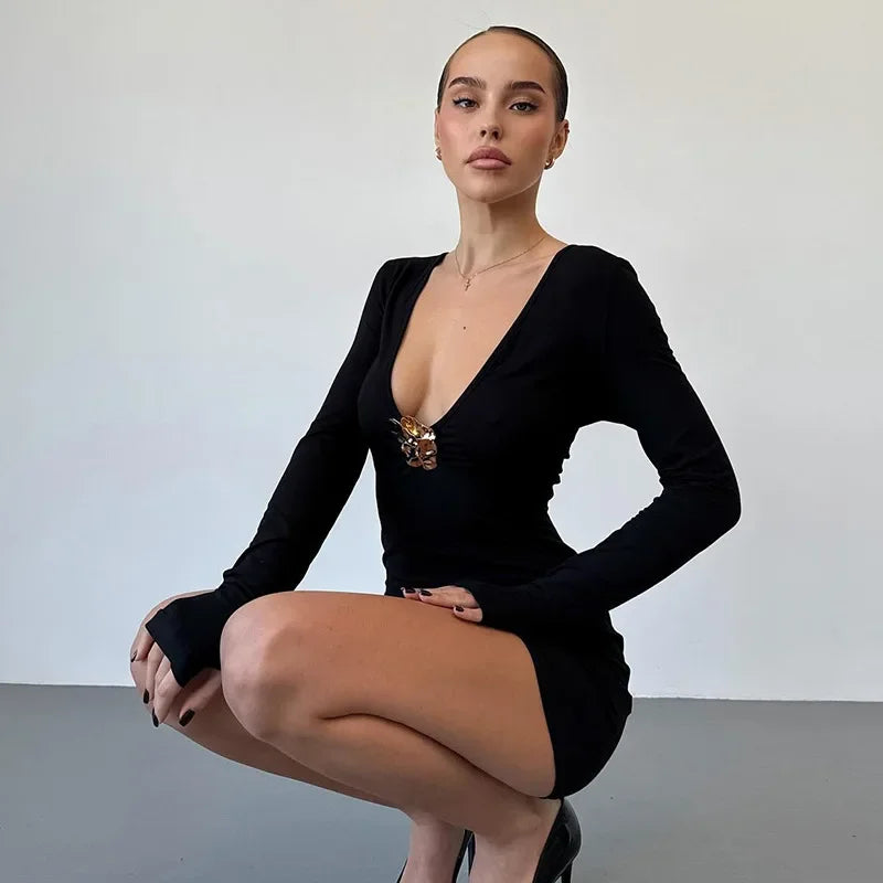 Plunge Slim Metallic Dress for Long Sleeve Mini Dress High Waist Autumn Club Party Dress