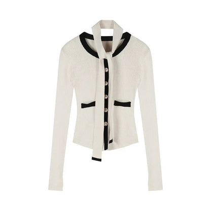 Korean Singlebreasted Tie Longsleeved Cardigan Spring New High Street Contrast Color Patchwork Knitted Tops