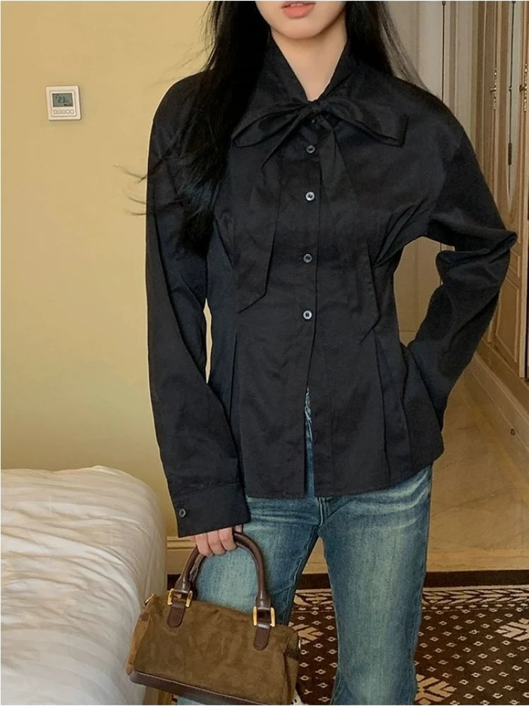 Black Shirts for Slim Long Sleeve Blouse With Bow Pleated Tops Korean Spring Autumn Office Clothes