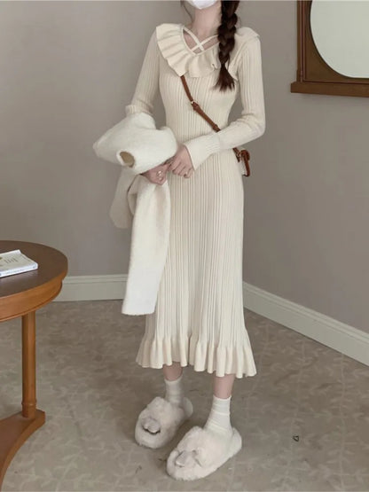 Autumn Knitted Dresses for Ruffles V-neck Bodycon Midi Dress Korean Vestidos Mujer New Knitwear