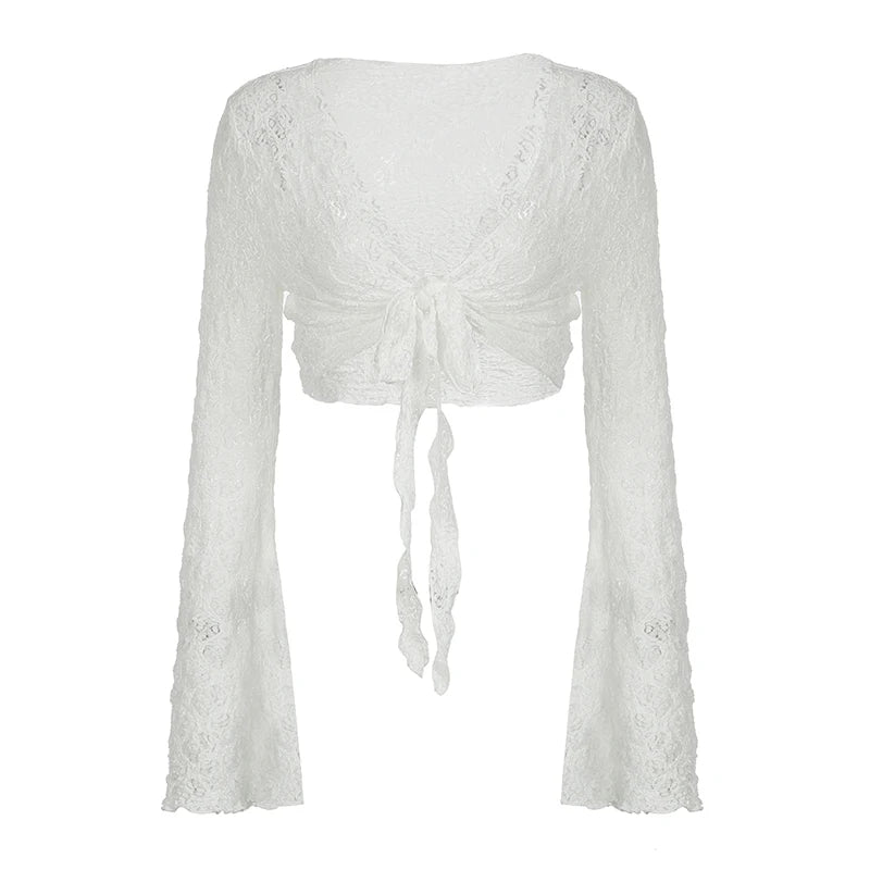 Trumpet Sleeves Sunscreen Cardigans Y2k V Neck Cropped Top Knitted White Lace-up Tee Shirt