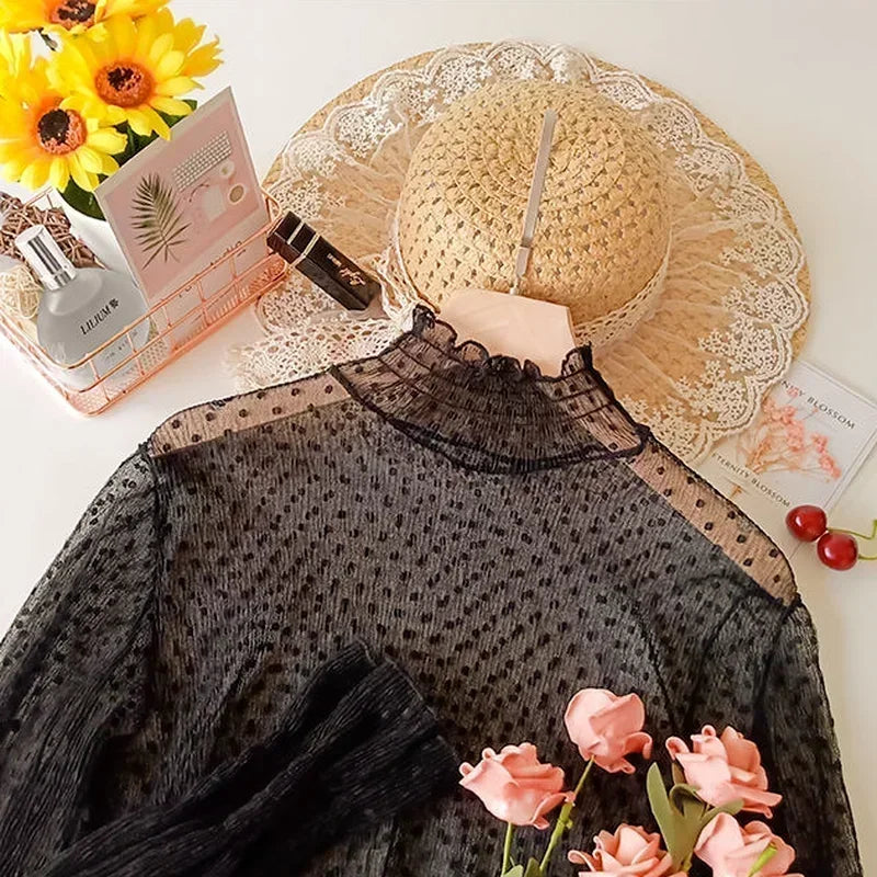 High Collar Mesh Perspective Blouse Summer Thin See Through Slim Bottoming Lace Long Flare Sleeved Tops