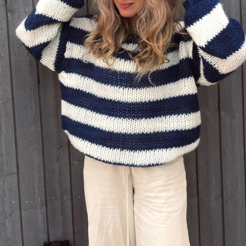 Striped Loose Fit Knitted Pullovers Autumn Spring Long Sleeve Knitwear Grunge Y2k Sweater Preppy Clothes