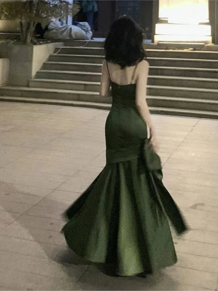 French Highend Design Sling Backless Waist Slimfit Bag Hip Pleated Bow Fishtail Long Dress Banquet Evening Dress