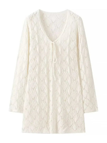 Hollow Out Knitted Beach Dress New V Neck Long Sleeve Lace-up Vestidos Summer Holiday Mini Dresses