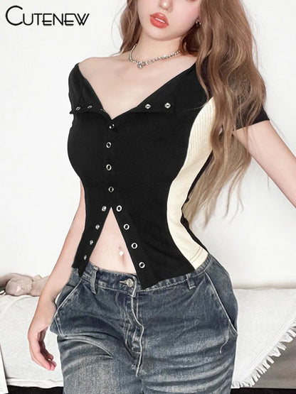 Panelled Classic T-shirts Summer New Concise Buttons Short Sleeve V-neck Skinny Tees Female Wild Basic Street Tops