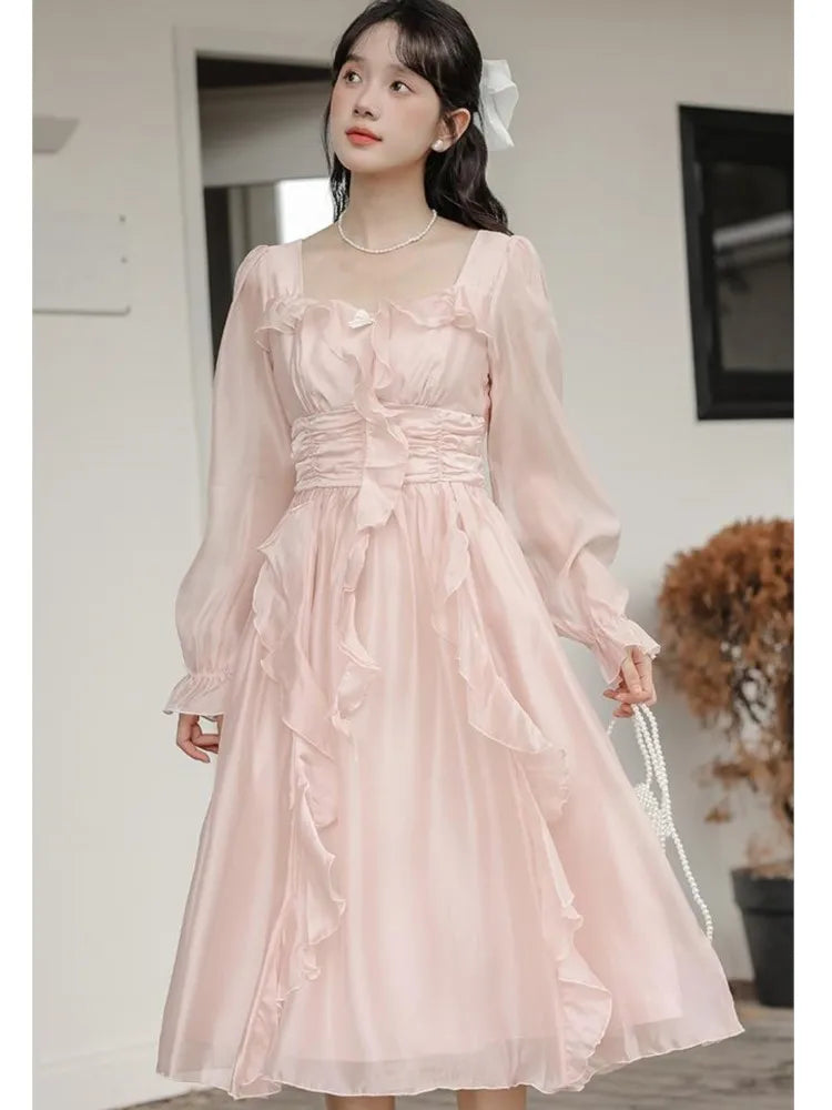 Pink Fairy Party Midi Dress Korean Style Sweet Vestidos Female Bubble Sleeve Evening Party Robe Autumn New